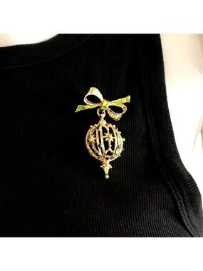 Vintage Gold-Tone Lantern Brooch With Bow & Green Rhinestones